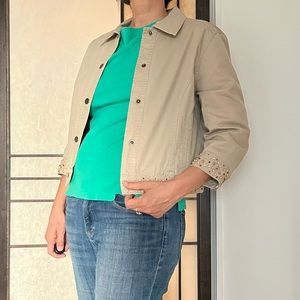 Jean jacket and pants set with beaded trim.